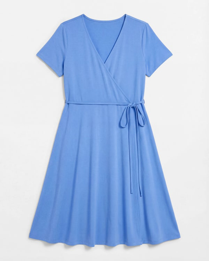 Plus Size Short Sleeve V Neck Wrap Midi Kleid Dress