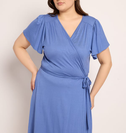 Plus Size Short Sleeve V Neck Wrap Midi Kleid Dress